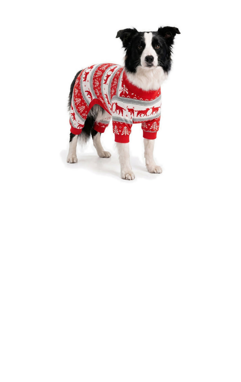 Border collie wearing red Christmas Comfort Pajamas for dogs on a white background