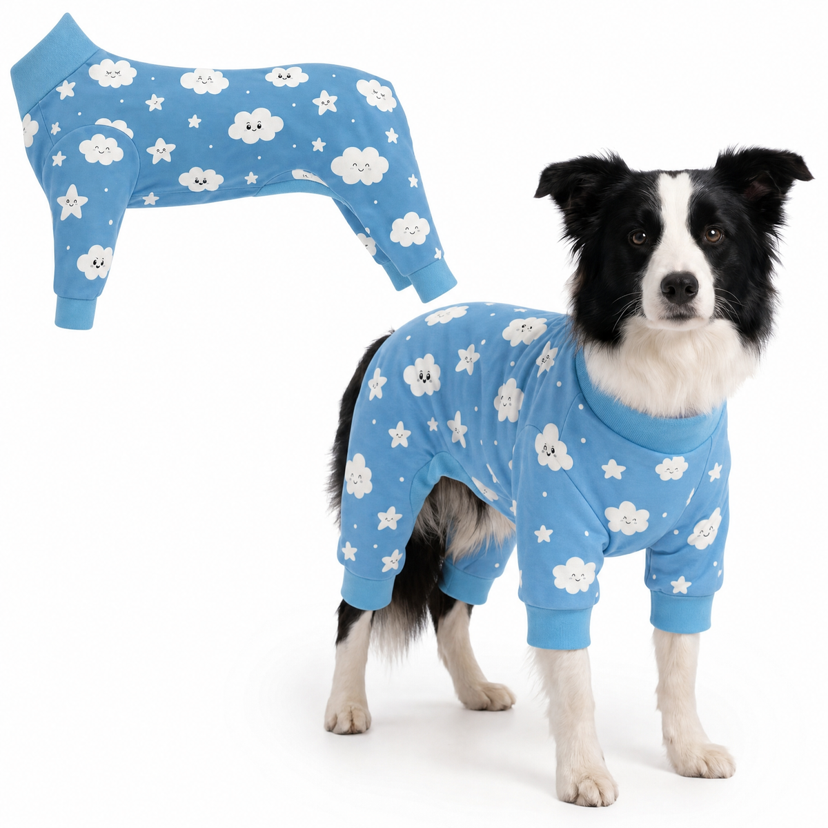 Dog wearing Cloudy Days Comfort Pajamas, size Large, full body coverage from chest to legs