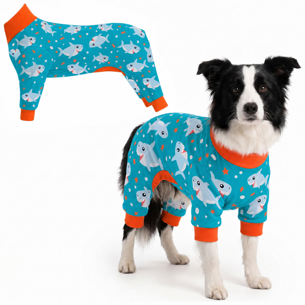Dog wearing Shark Party Comfort Pajamas, size Large, full body coverage from chest to legs