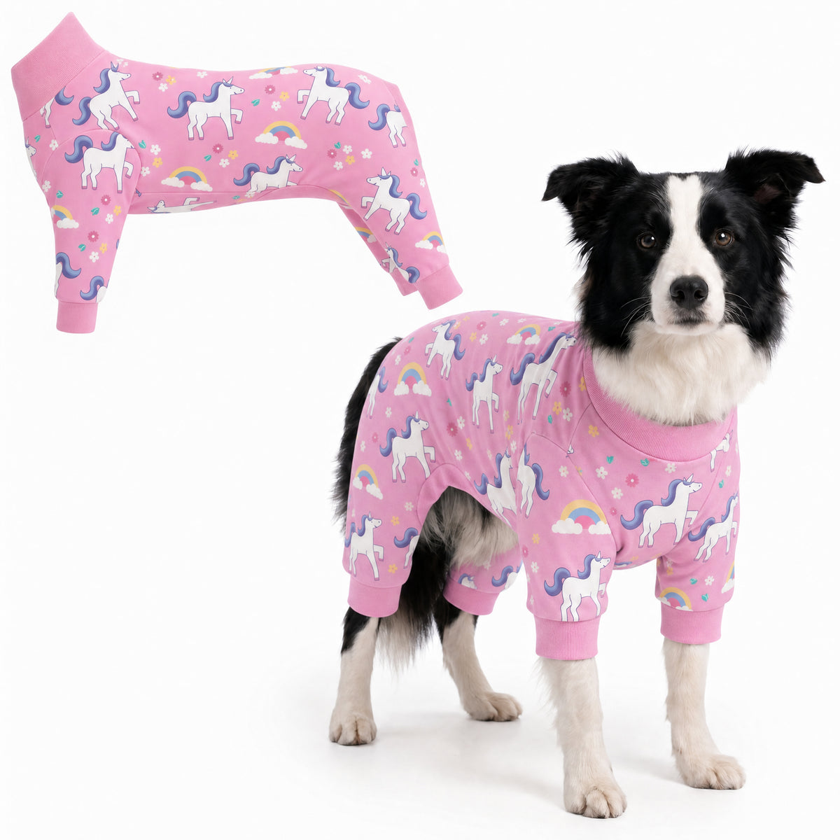 Dog wearing Unicorn Magic Comfort Pajamas, size Large, full body coverage from chest to legs
