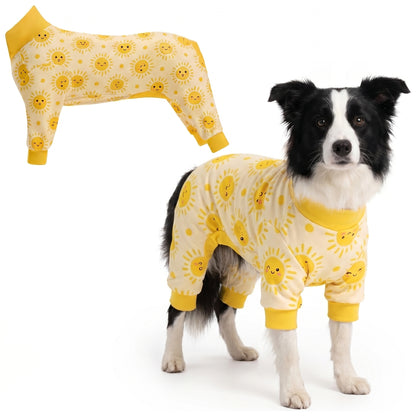 Dog wearing Happy Sunshine Comfort Pajamas, size Large, full body coverage from chest to legs
