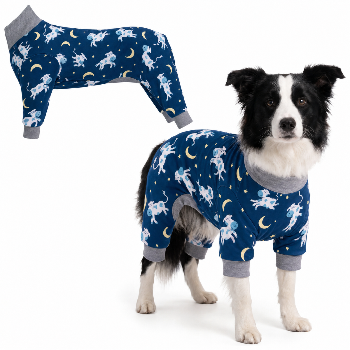 Dog wearing Dreamy Cows Comfort Pajamas, size Large, full body coverage from chest to legs