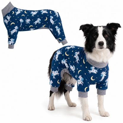 Dog wearing Dreamy Cows Comfort Pajamas, size Large, full body coverage from chest to legs