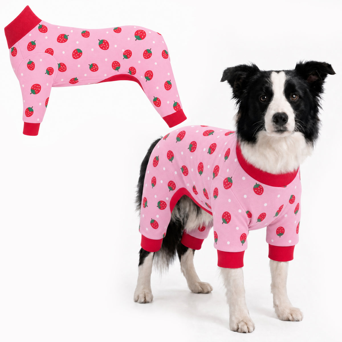 Dog wearing Strawberry Pop Comfort Pajamas, size Large, full body coverage from chest to legs