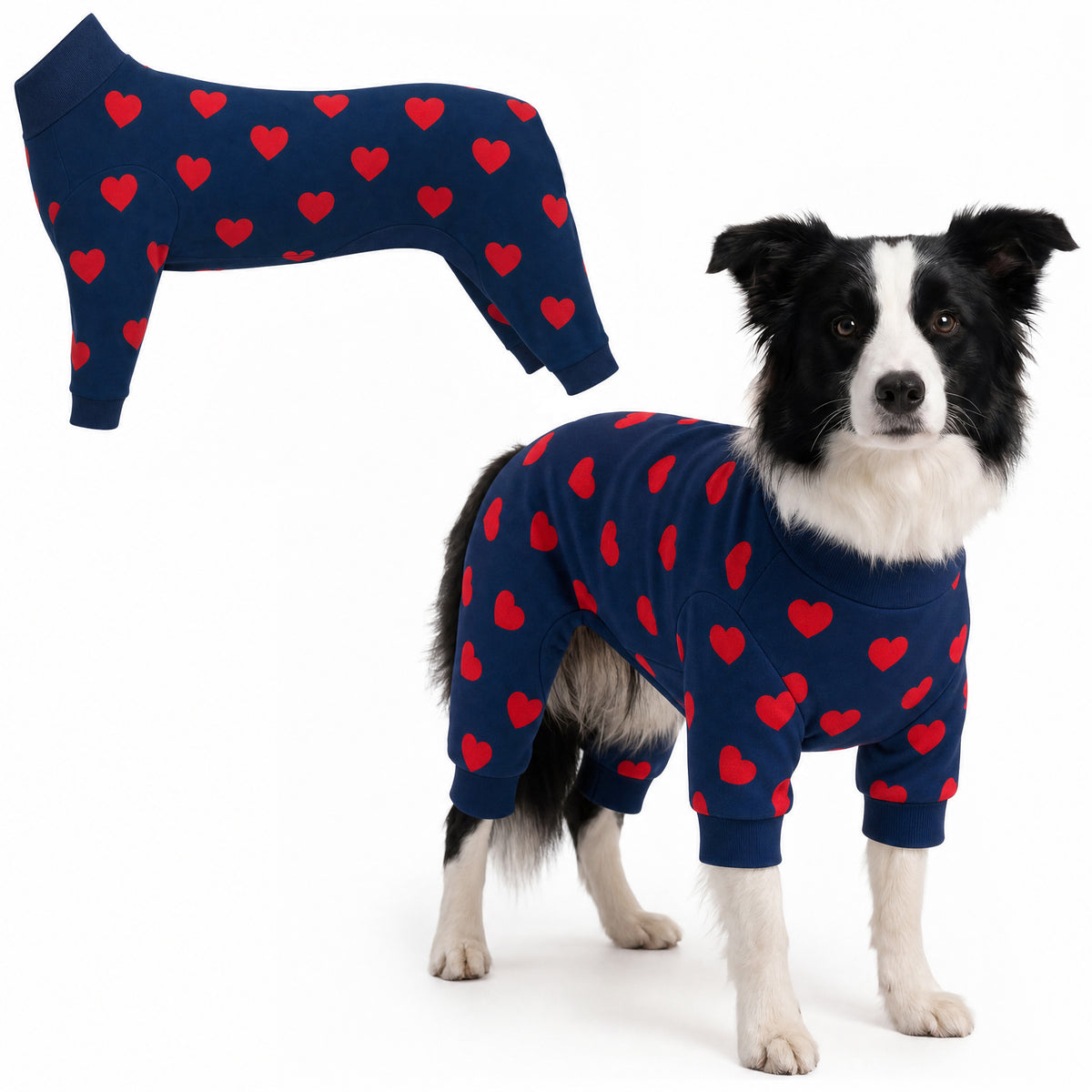Dog wearing Hearts Comfort Pajamas, size Large, full body coverage from chest to legs