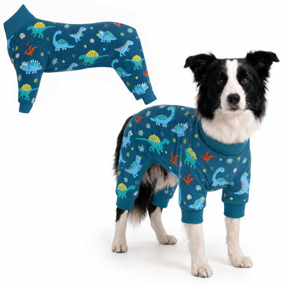 Dog wearing Dino World Comfort Pajamas, size Large, full body coverage from chest to legs