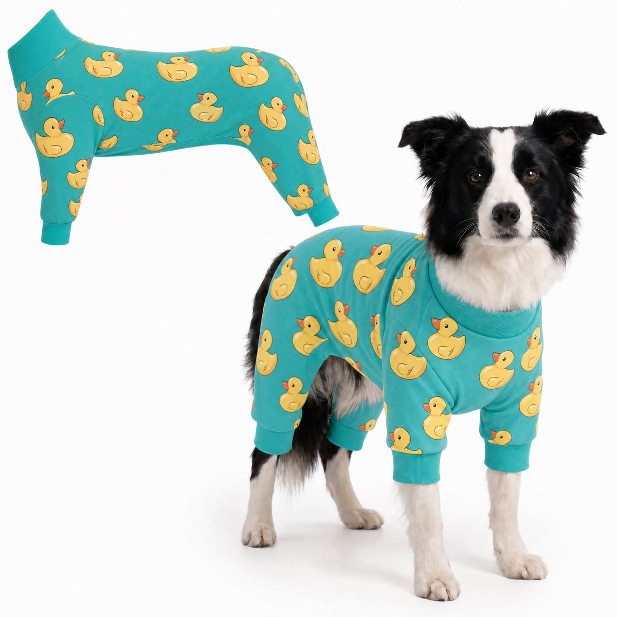 Dog wearing Duck Splash Comfort Pajamas, size Large, full body coverage from chest to legs