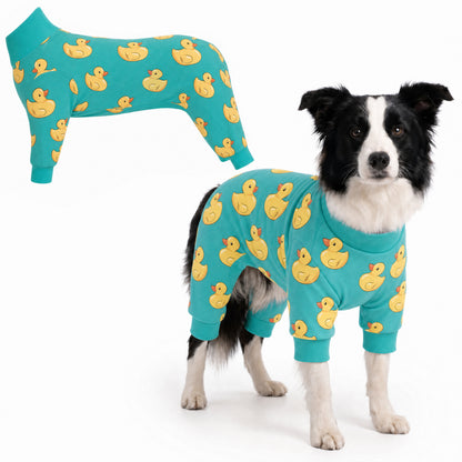 Dog wearing Duck Splash Comfort Pajamas, size Large, full body coverage from chest to legs