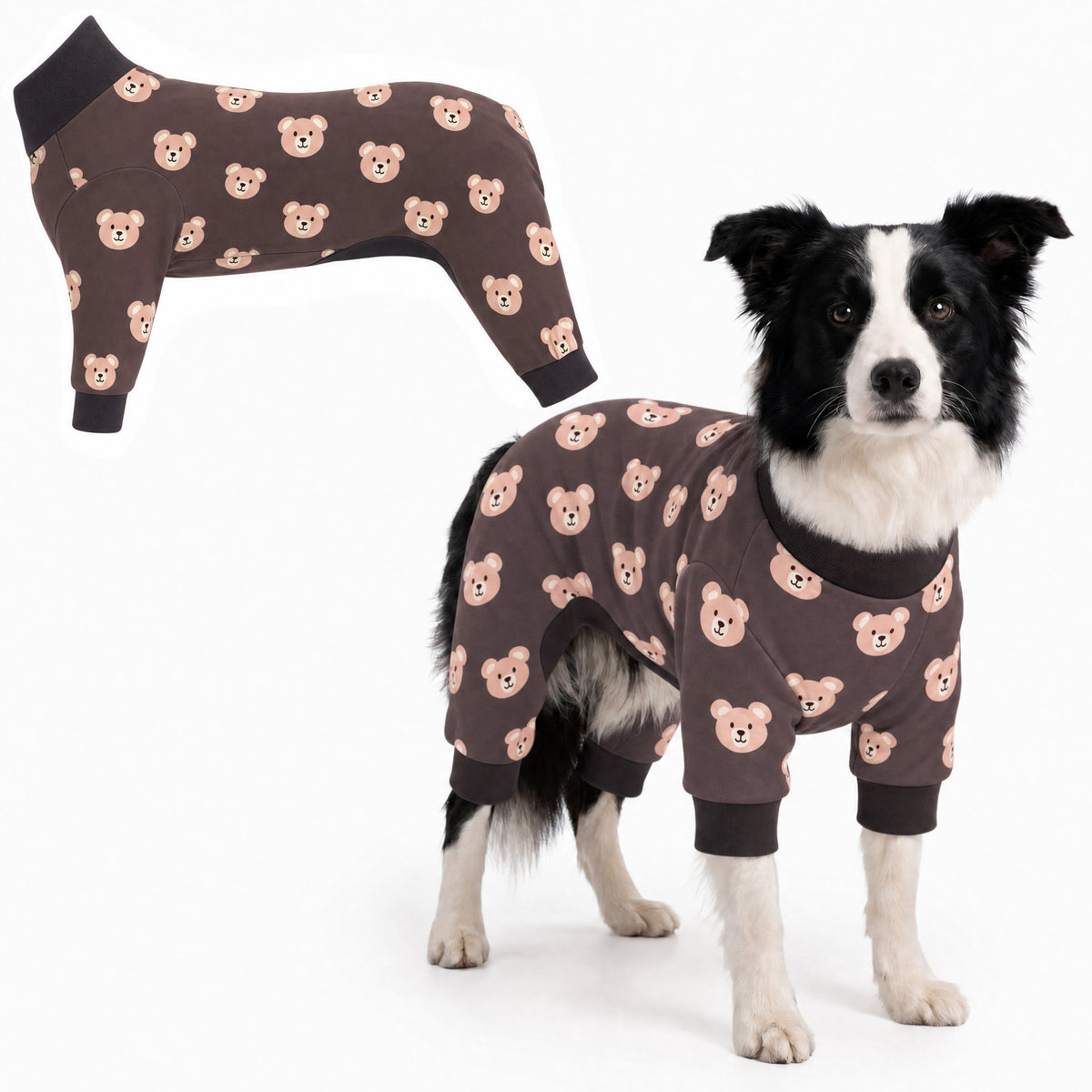 Dog wearing Cozy Bear Comfort Pajamas, size Large, full body coverage from chest to legs