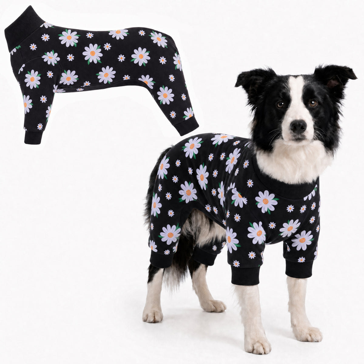 Dog wearing Daisy Bloom Comfort Pajamas, size Large, full body coverage from chest to legs