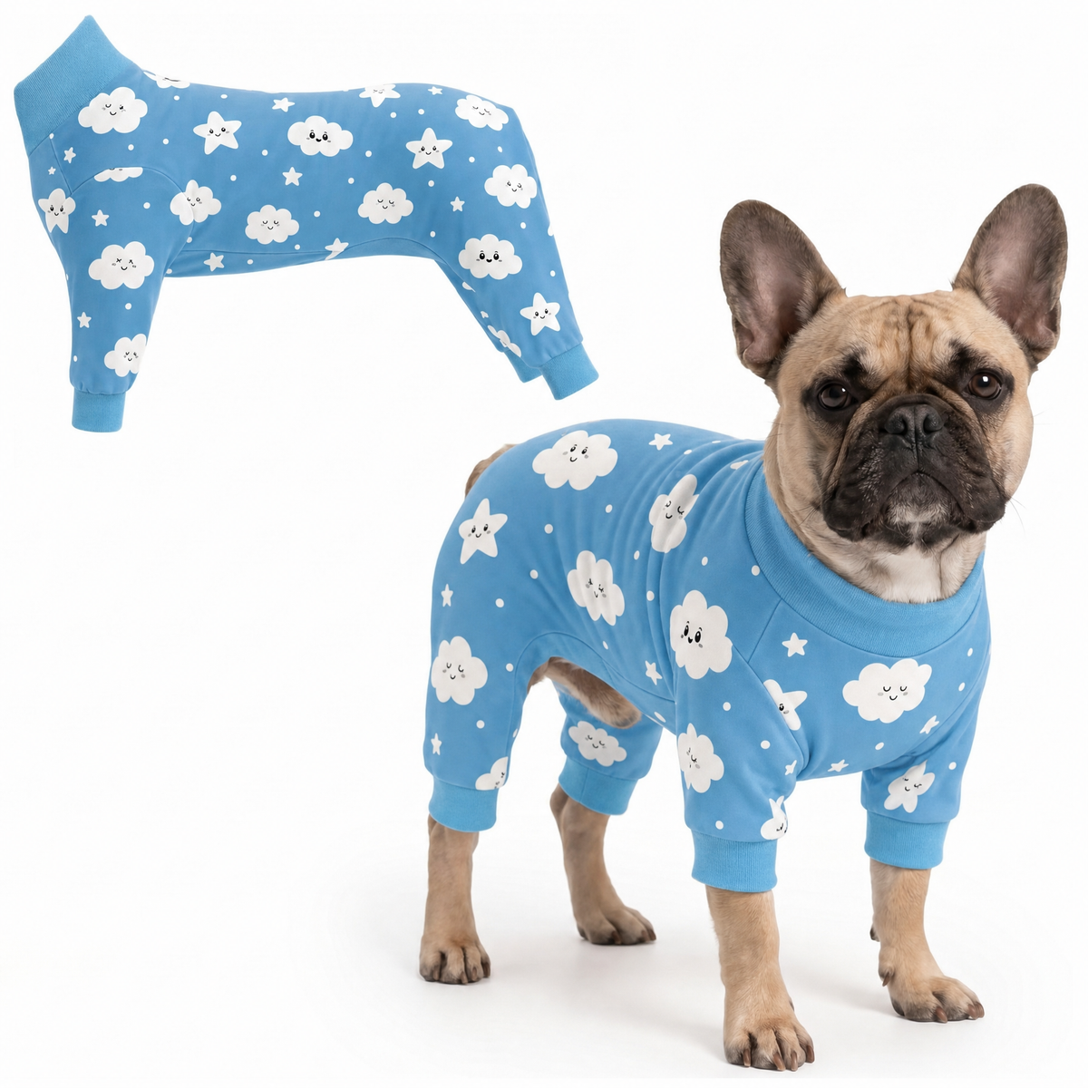 Dog wearing Cloudy Days Comfort Pajamas, size Medium, full body coverage from chest to legs
