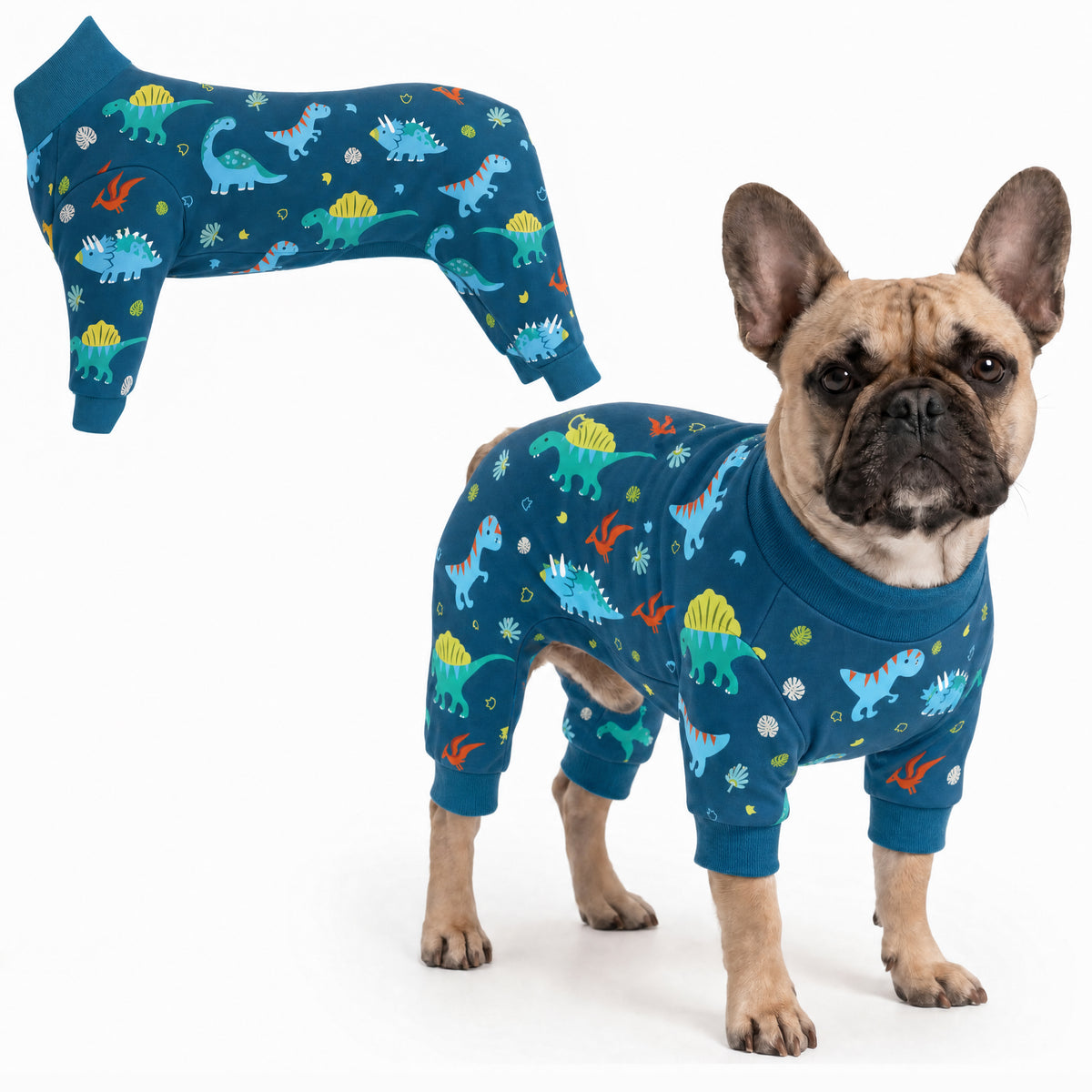 Dog wearing Dino World Comfort Pajamas, size Medium, full body coverage from chest to legs