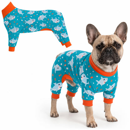 Dog wearing Shark Party Comfort Pajamas, size Medium, full body coverage from chest to legs