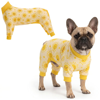 Dog wearing Happy Sunshine Comfort Pajamas, size Medium, full body coverage from chest to legs