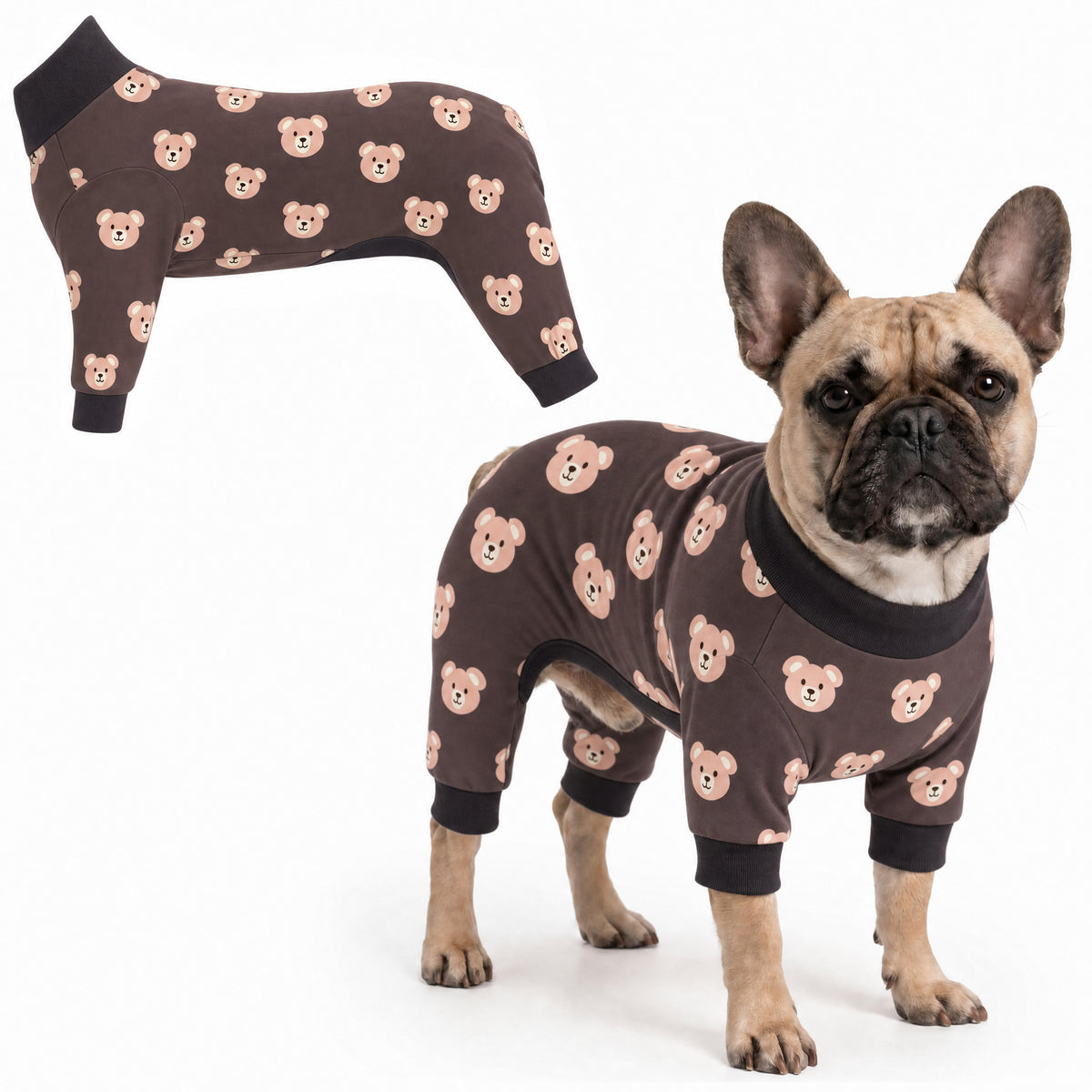 Dog wearing Cozy Bear Comfort Pajamas, size Medium, full body coverage from chest to legs