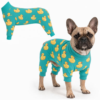 Dog wearing Duck Splash Comfort Pajamas, size Medium, full body coverage from chest to legs