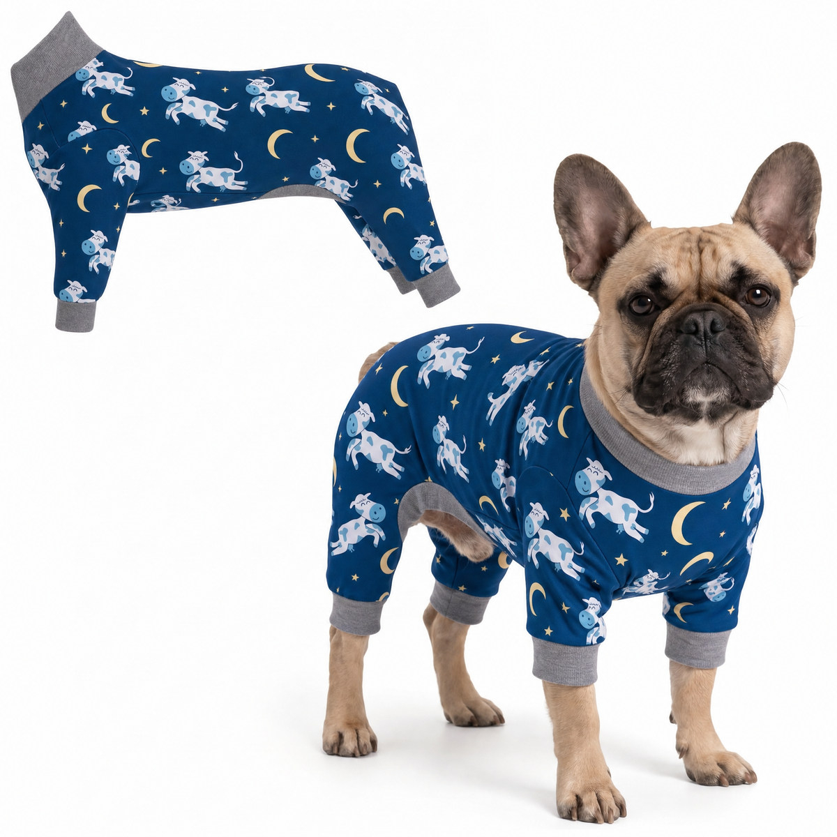 Dog wearing Dreamy Cows Comfort Pajamas, size Medium, full body coverage from chest to legs