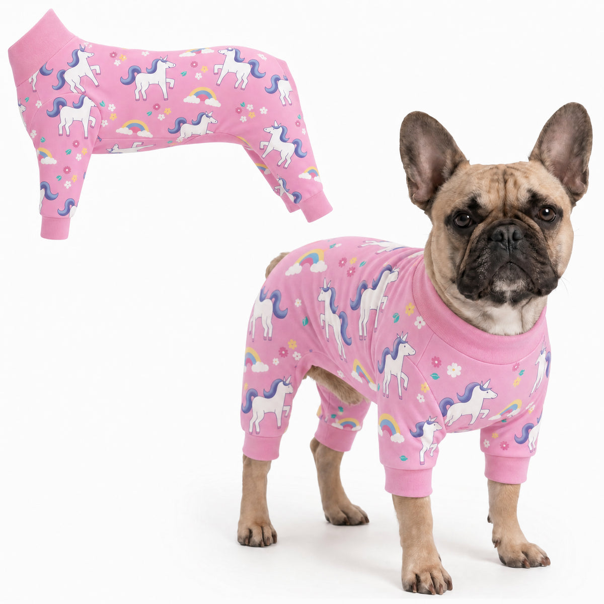 Dog wearing Unicorn Magic Comfort Pajamas, size Medium, full body coverage from chest to legs