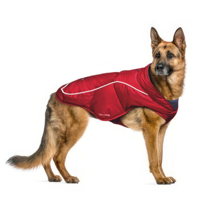 German Shepherd in a Red Ultra Warm Dog Coat, size X-Large, with a 3M reflective strip