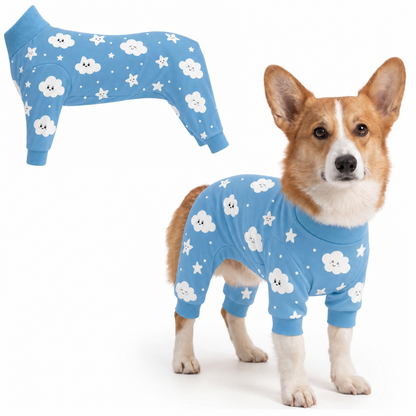 Dog wearing Cloudy Days Comfort Pajamas, size Small, full body coverage from chest to legs