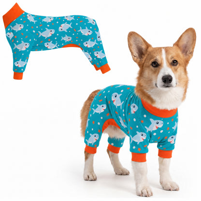 Dog wearing Shark Party Comfort Pajamas, size Small, full body coverage from chest to legs