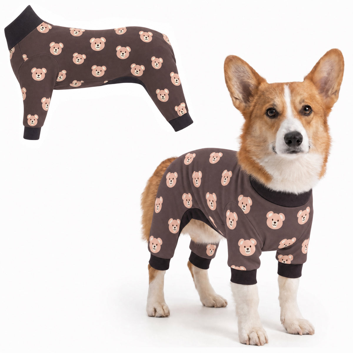 Dog wearing Cozy Bear Comfort Pajamas, size Small, full body coverage from chest to legs