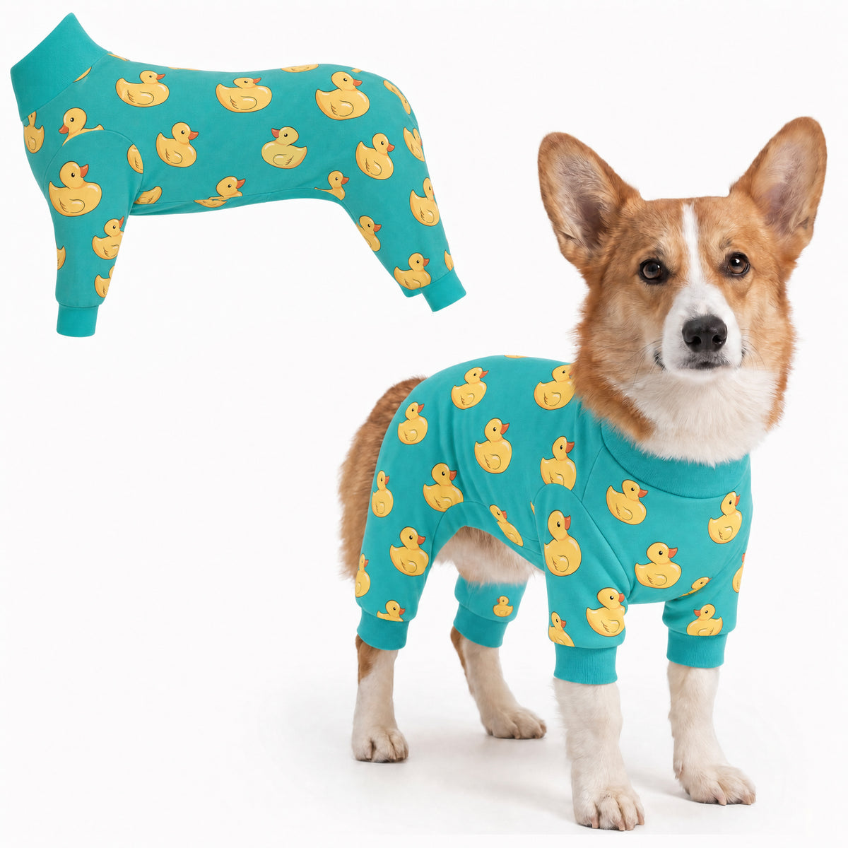 Dog wearing Duck Splash Comfort Pajamas, size Small, full body coverage from chest to legs