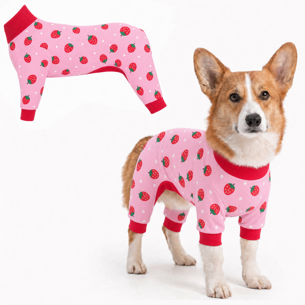 Dog wearing Strawberry Pop Comfort Pajamas, size Small, full body coverage from chest to legs
