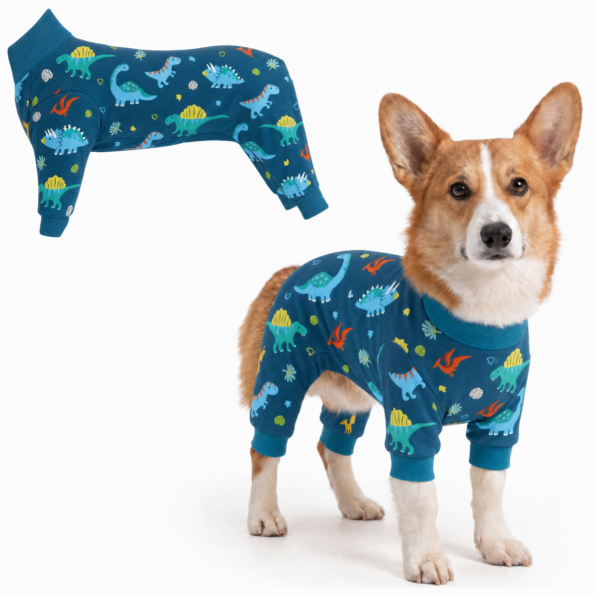 Dog wearing Dino World Comfort Pajamas, size Small, full body coverage from chest to legs