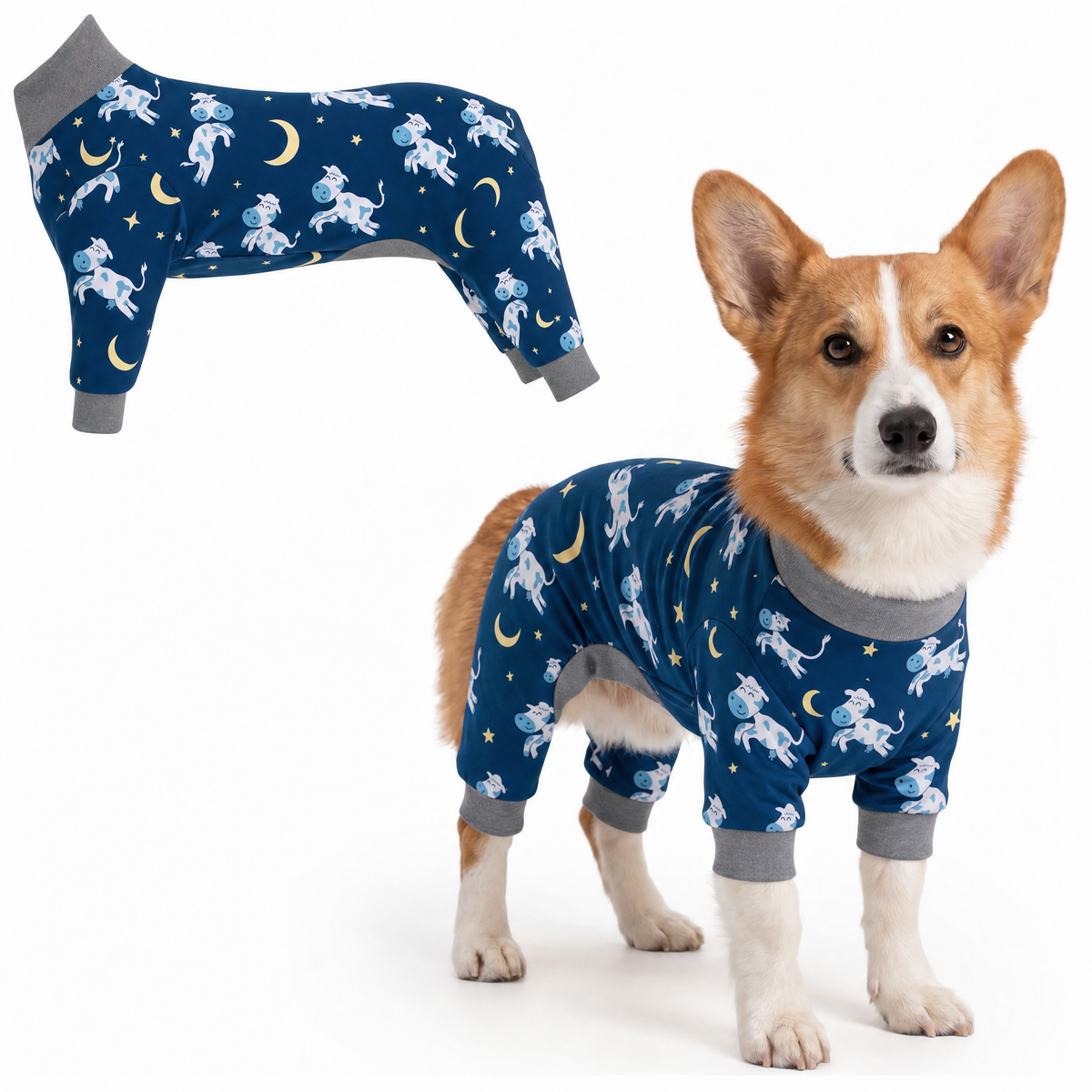 Dog wearing Dreamy Cows Comfort Pajamas, size Small, full body coverage from chest to legs