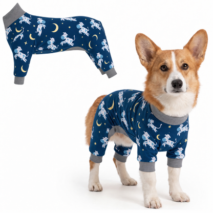 Dog wearing Dreamy Cows Comfort Pajamas, size Small, full body coverage from chest to legs