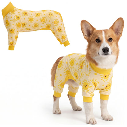 Dog wearing Happy Sunshine Comfort Pajamas, size Small, full body coverage from chest to legs
