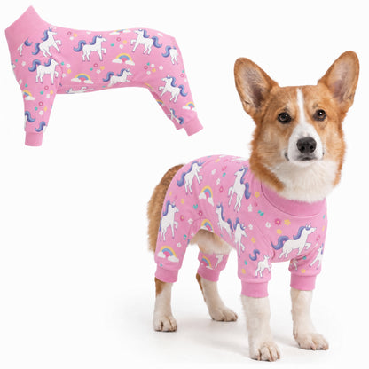 Dog wearing Unicorn Magic Comfort Pajamas, size Small, full body coverage from chest to legs