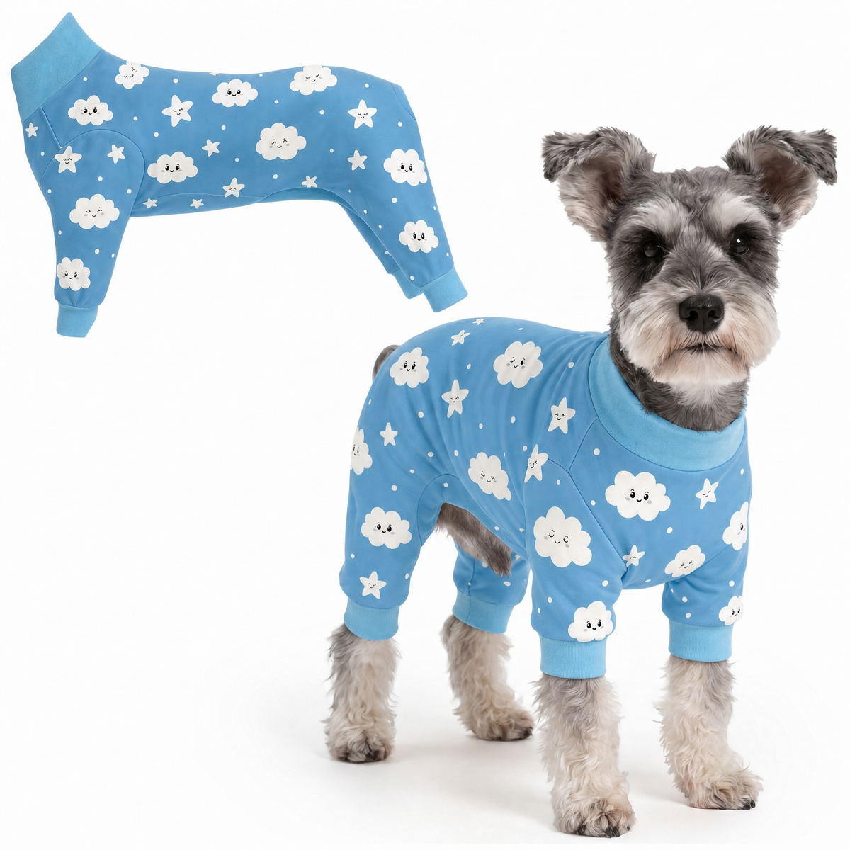 Dog wearing Cloudy Days Comfort Pajamas, size X-Large, full body coverage from chest to legs