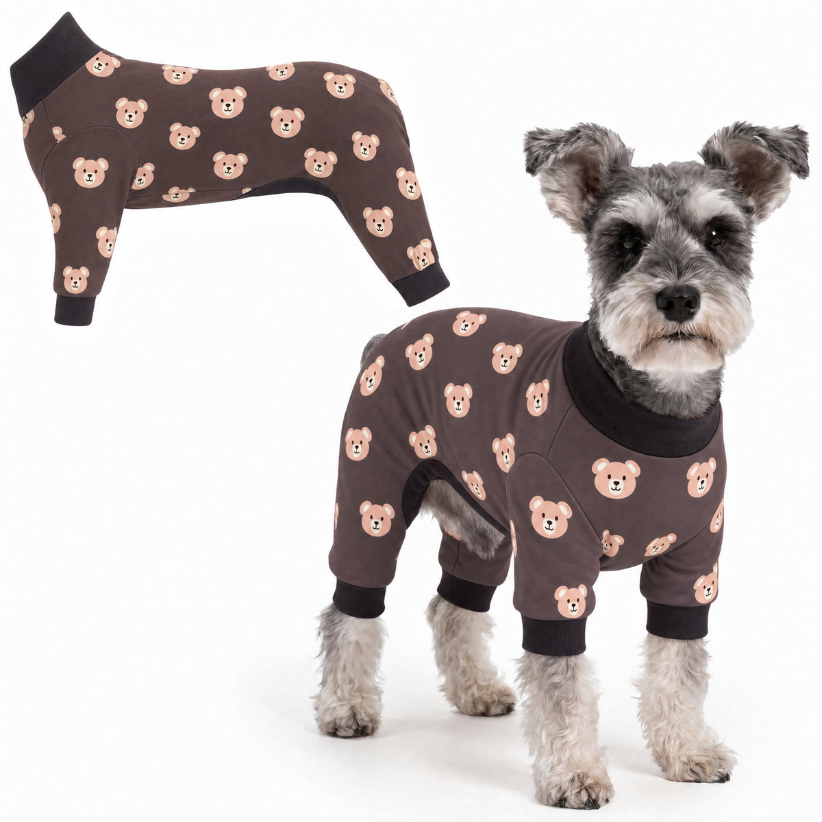Dog wearing Cozy Bear Comfort Pajamas, size X-Large, full body coverage from chest to legs