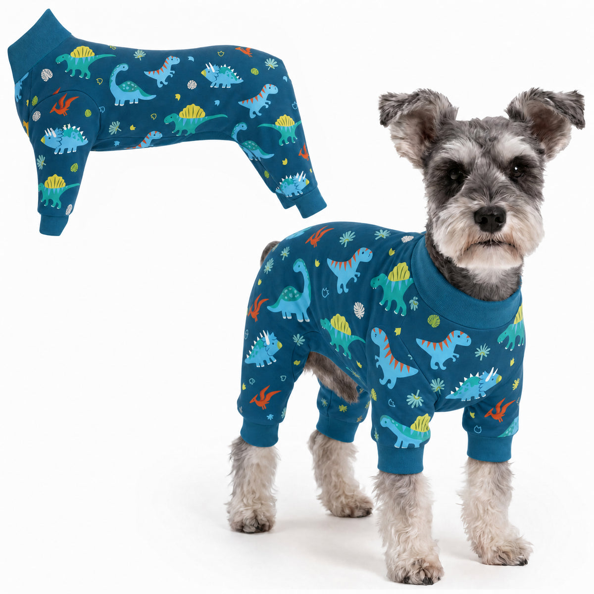 Dog wearing Dino World Comfort Pajamas, size X-Large, full body coverage from chest to legs