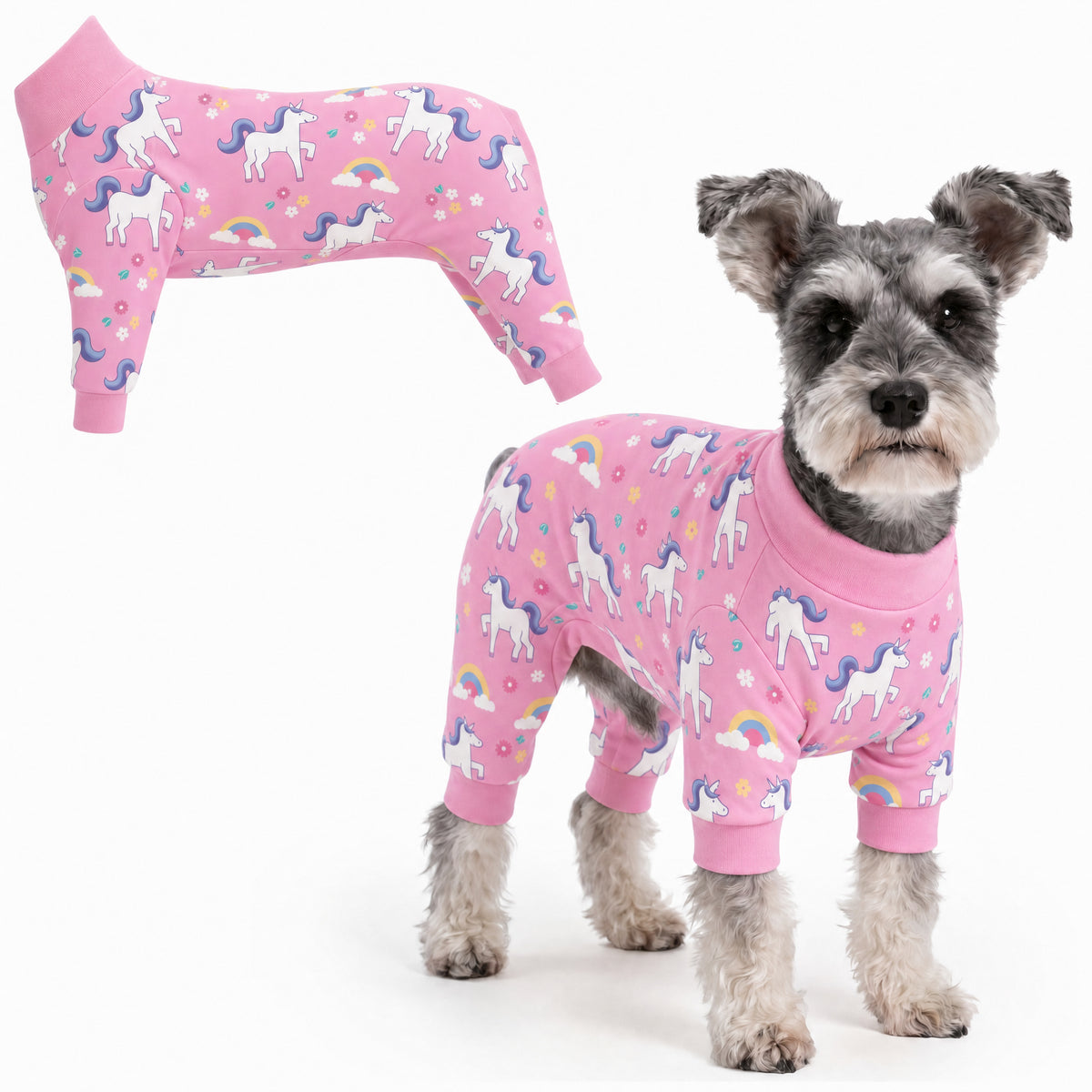 Dog wearing Unicorn Magic Comfort Pajamas, size X-Large, full body coverage from chest to legs