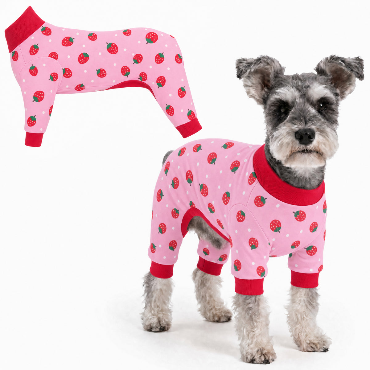 Dog wearing Strawberry Pop Comfort Pajamas, size X-Large, full body coverage from chest to legs