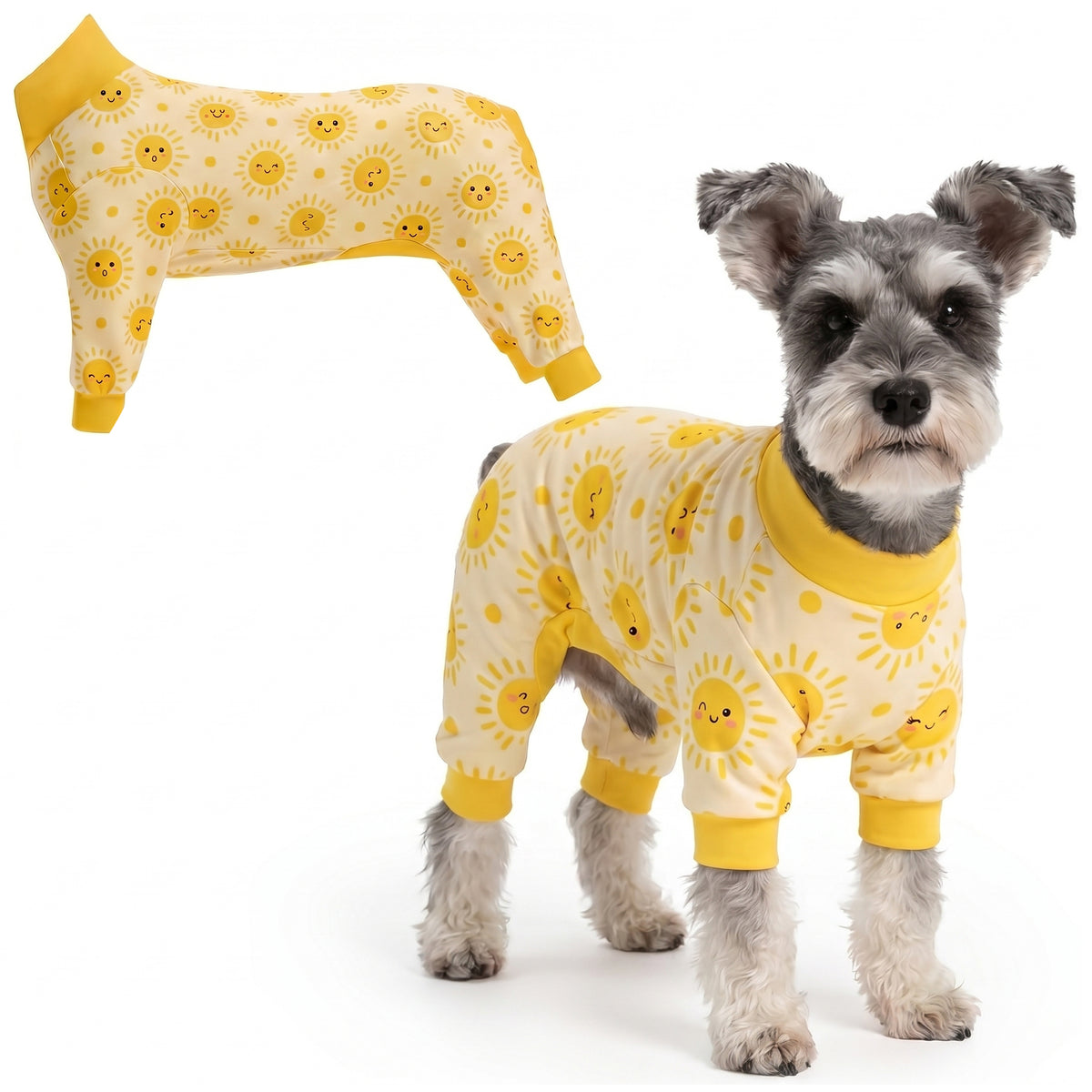 Dog wearing Happy Sunshine Comfort Pajamas, size X-Large, full body coverage from chest to legs