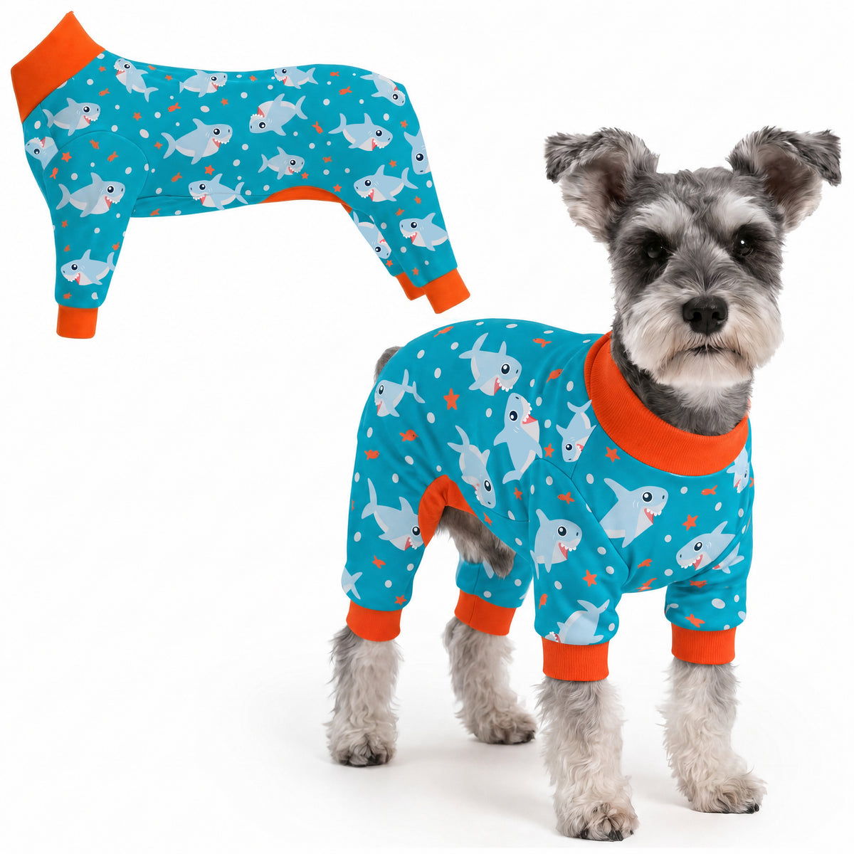 Dog wearing Shark Party Comfort Pajamas, size X-Large, full body coverage from chest to legs