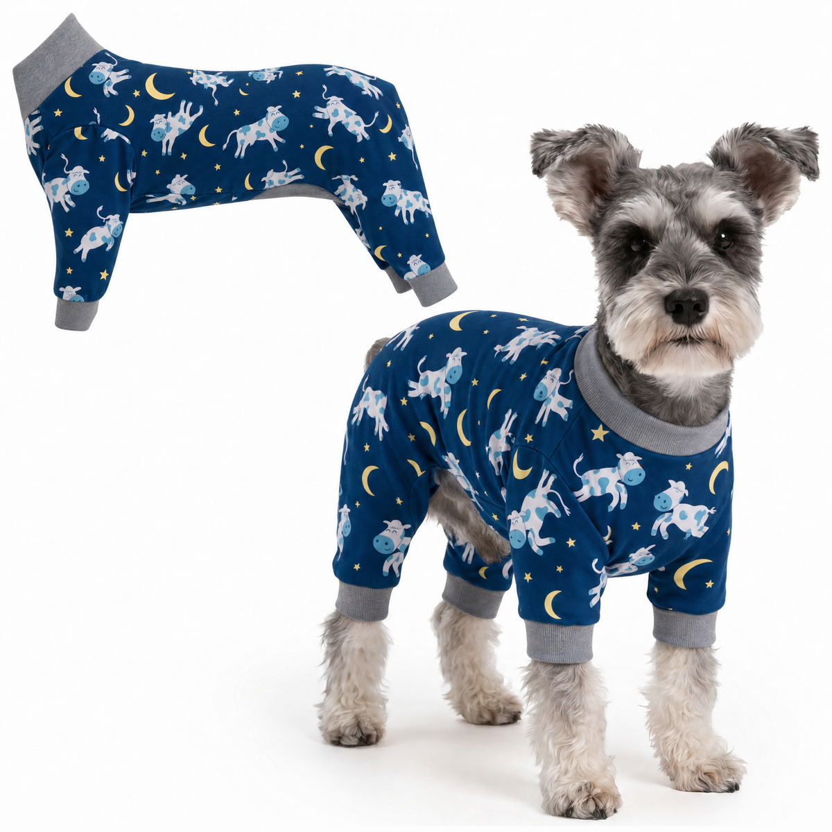 Dog wearing Dreamy Cows Comfort Pajamas, size X-Large, full body coverage from chest to legs