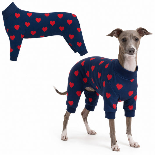Dog wearing Hearts Comfort Pajamas, size X-Small, full body coverage from chest to legs
