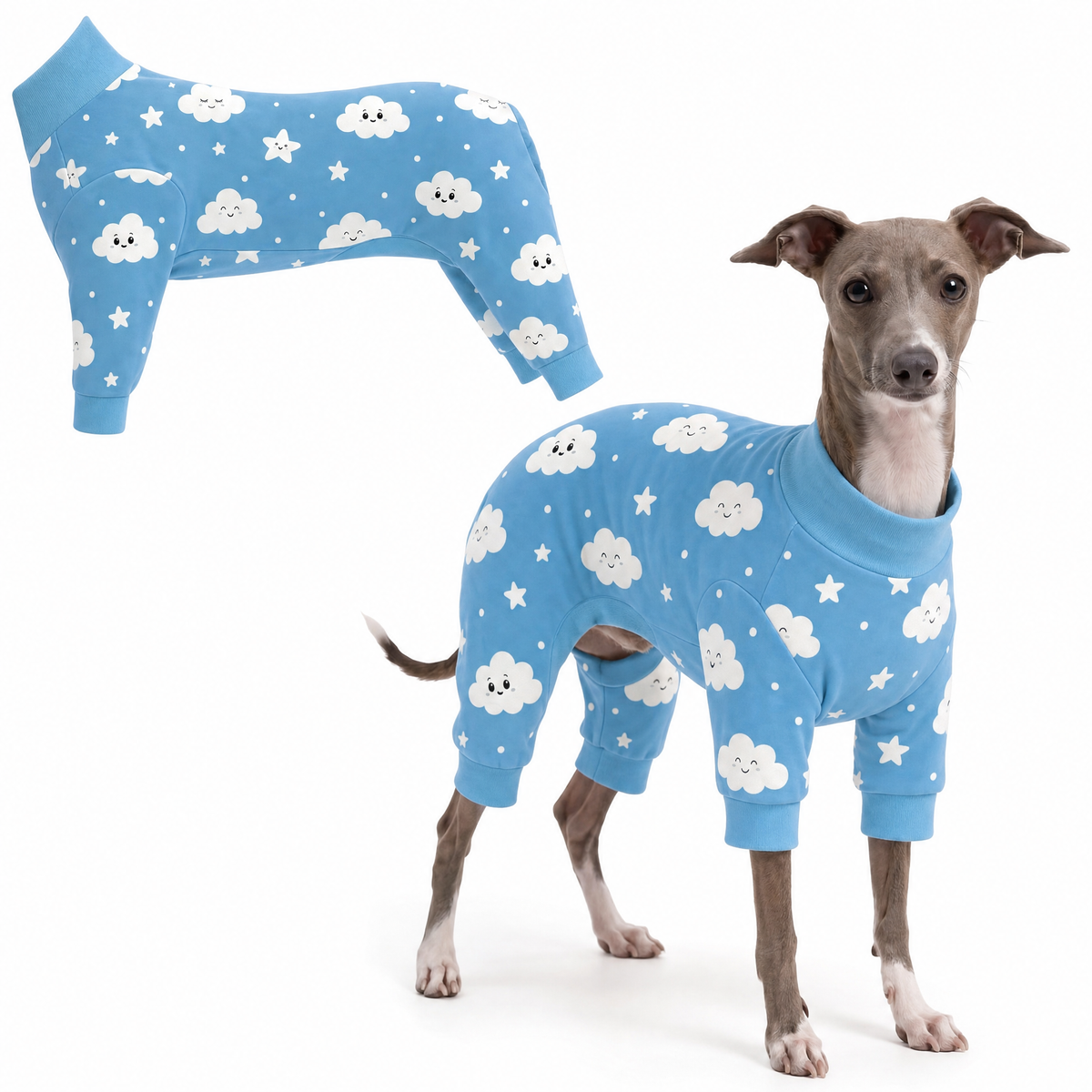 Dog wearing Cloudy Days Comfort Pajamas, size X-Small, full body coverage from chest to legs