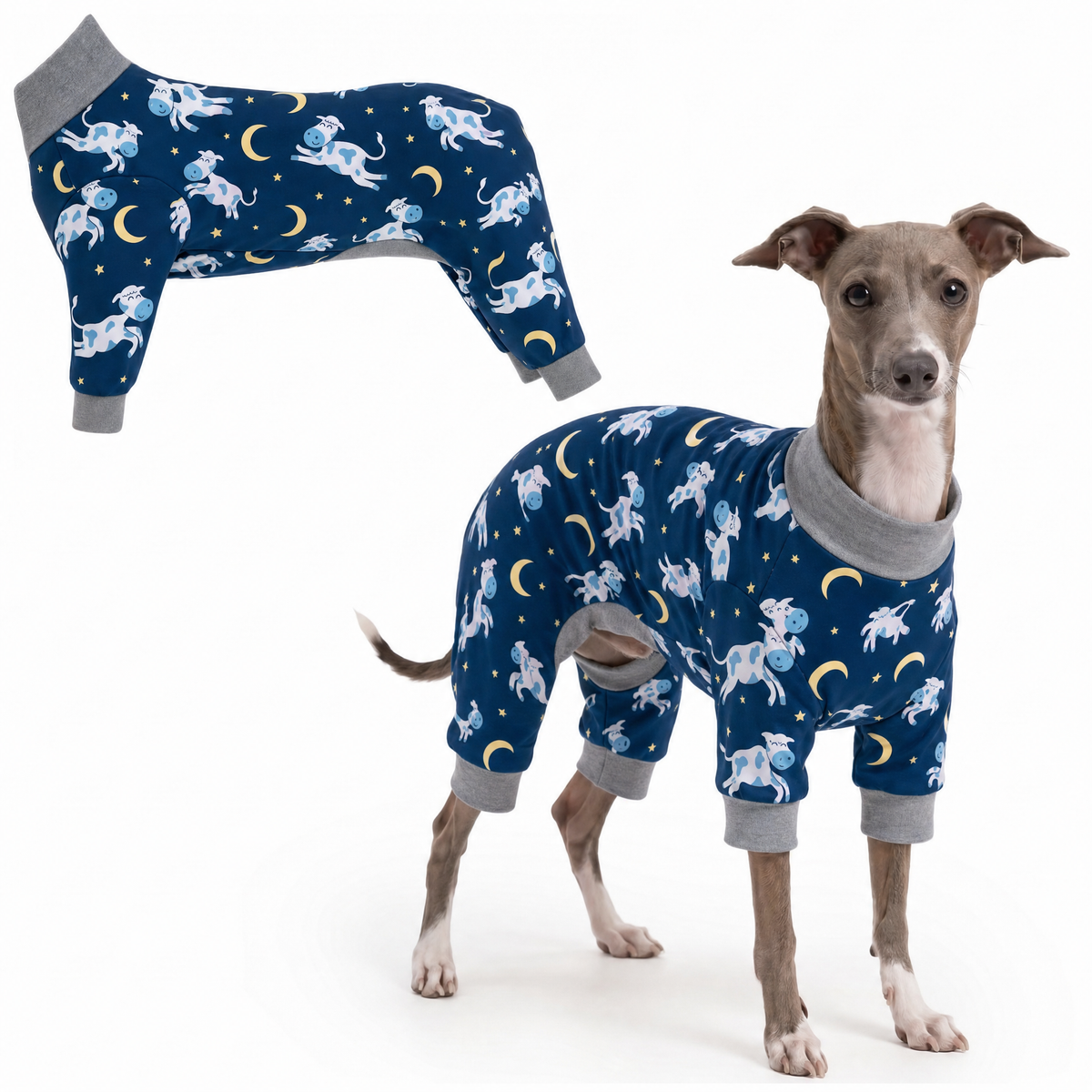 Dog wearing Dreamy Cows Comfort Pajamas, size X-Small, full body coverage from chest to legs