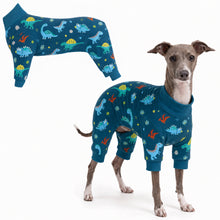 Dog wearing Dino World Comfort Pajamas, size X-Small, full body coverage from chest to legs