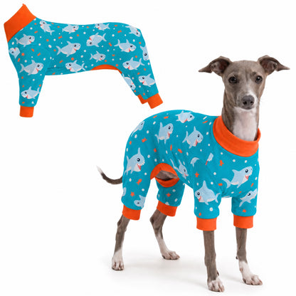 Dog wearing Shark Party Comfort Pajamas, size X-Small, full body coverage from chest to legs