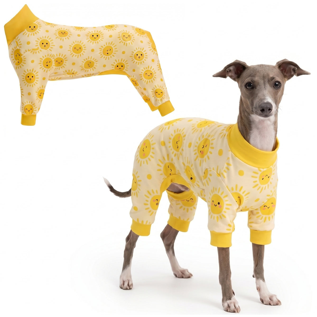 Dog wearing Happy Sunshine Comfort Pajamas, size X-Small, full body coverage from chest to legs