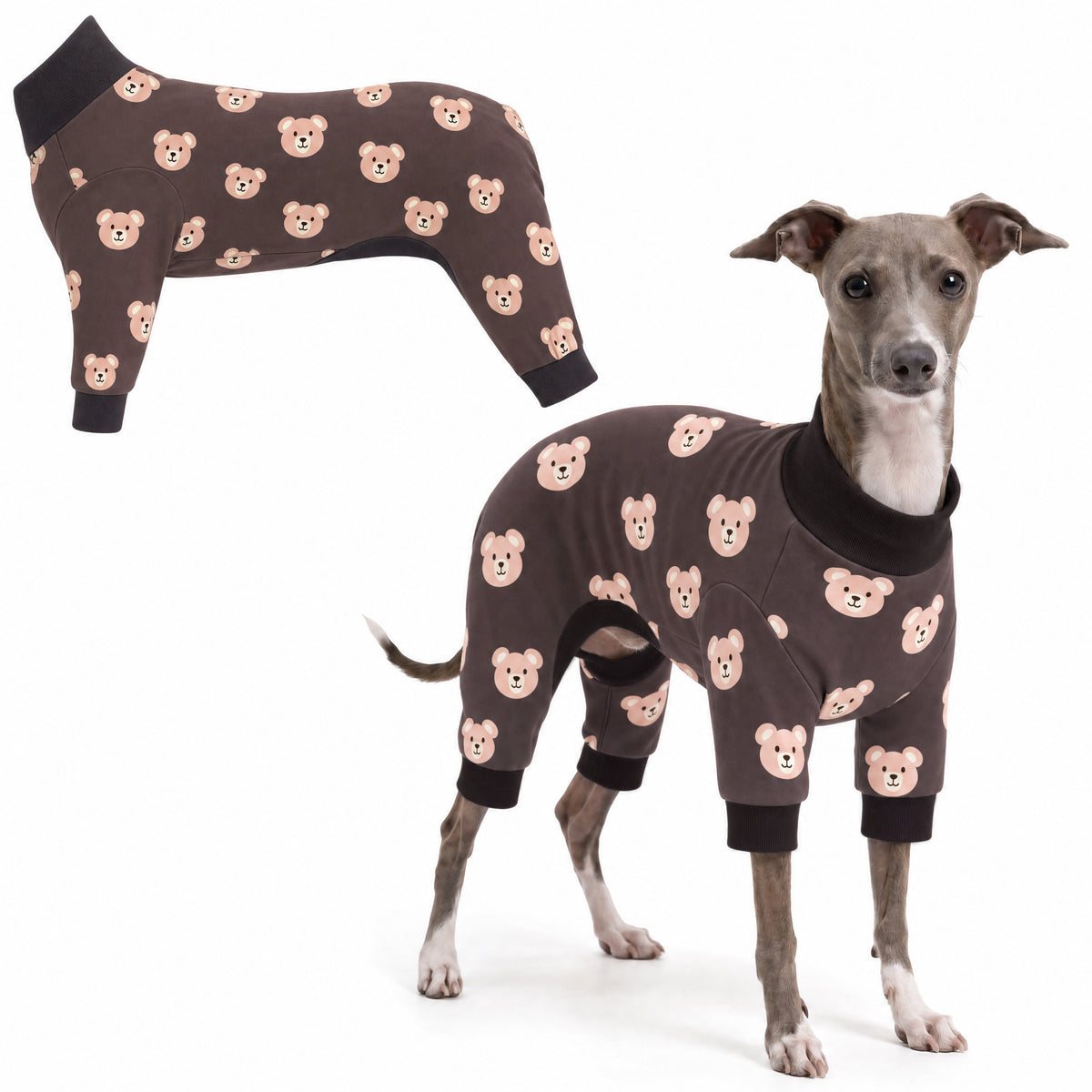 Dog wearing Cozy Bear Comfort Pajamas, size X-Small, full body coverage from chest to legs