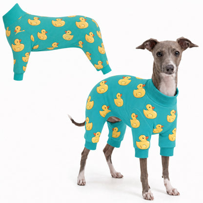 Dog wearing Duck Splash Comfort Pajamas, size X-Small, full body coverage from chest to legs