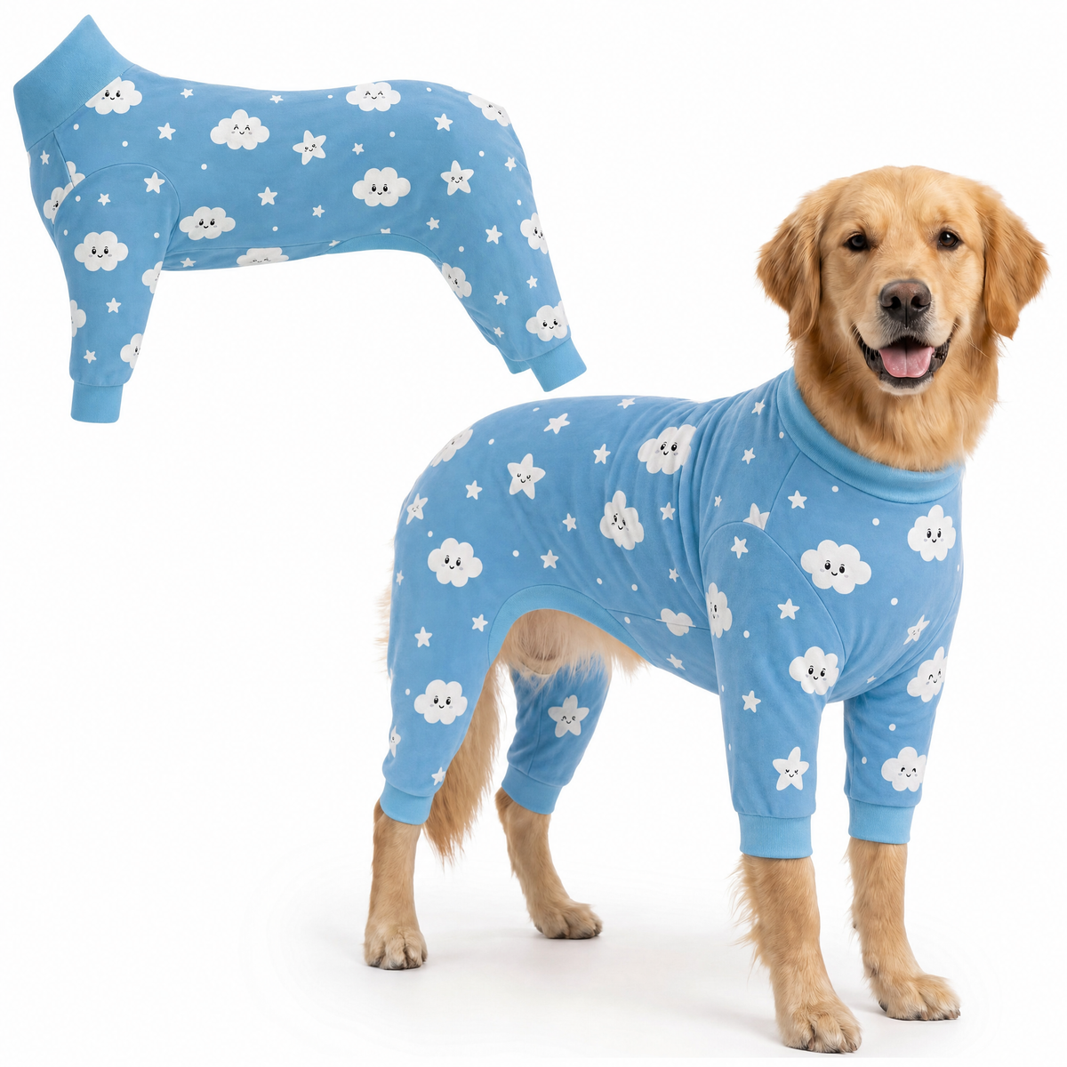 Dog wearing Cloudy Days Comfort Pajamas, size XX-Large, full body coverage from chest to legs